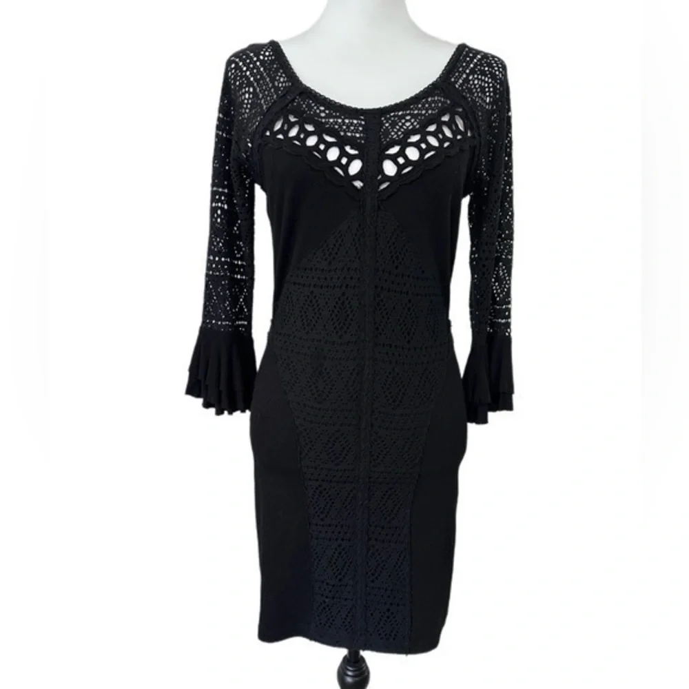 Free People City Girl Bodycon‎ Crotchet Bell Sleeve Mini Dress Black Size S